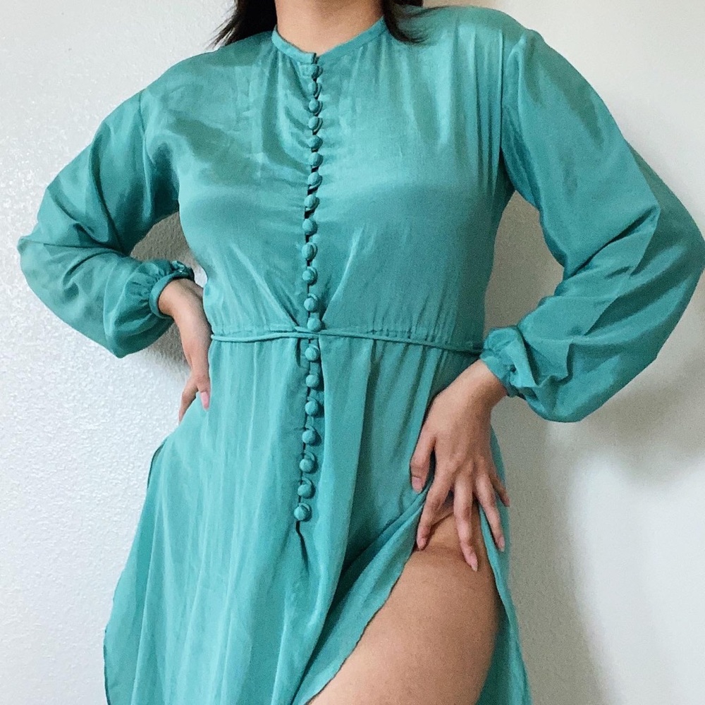 Vintage 70s designer green slit midi dress